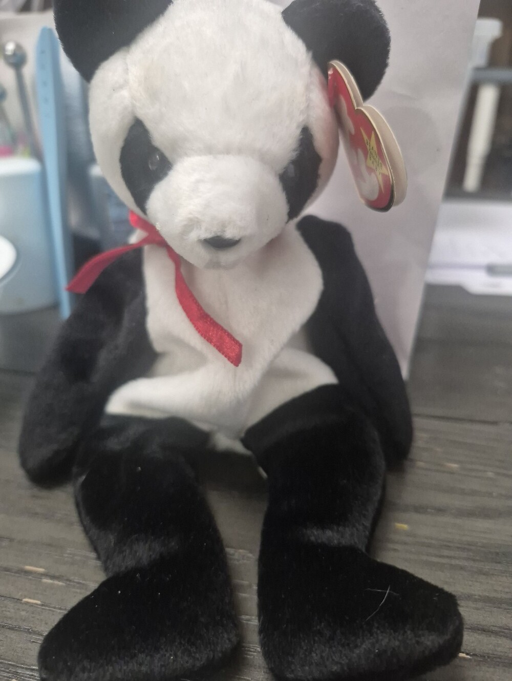 Plush Black and White Panda Plush Toy with Red Ribbon